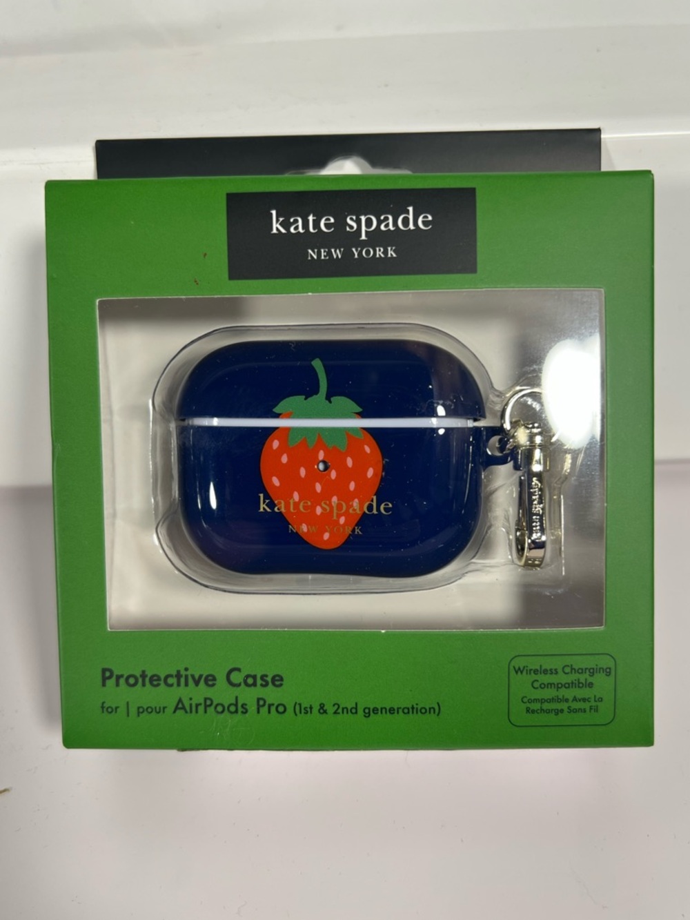 NWT Kate Spade Strawberry AirPods Pro Case Blue Gold Clip